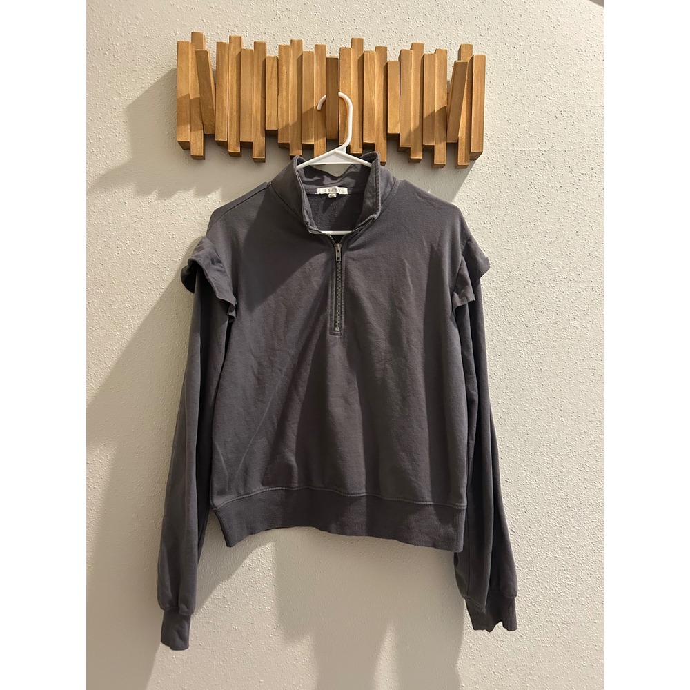 Z Supply Gray Nora Ruffle Sleeve Quarter Zip Sweatshirt Womens Medium‎